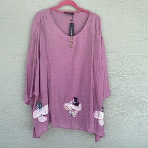 Oneine New Elegance Women's 2XL Purple Floral Tunic 3/4 Sleeve V-Neck 2 Piece